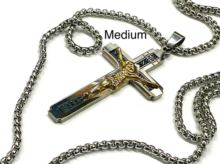 Large gothic crucifix cross necklace for men silver and gold heavy stainless steel waterproof thick curb chain jewellry INRI Jesus